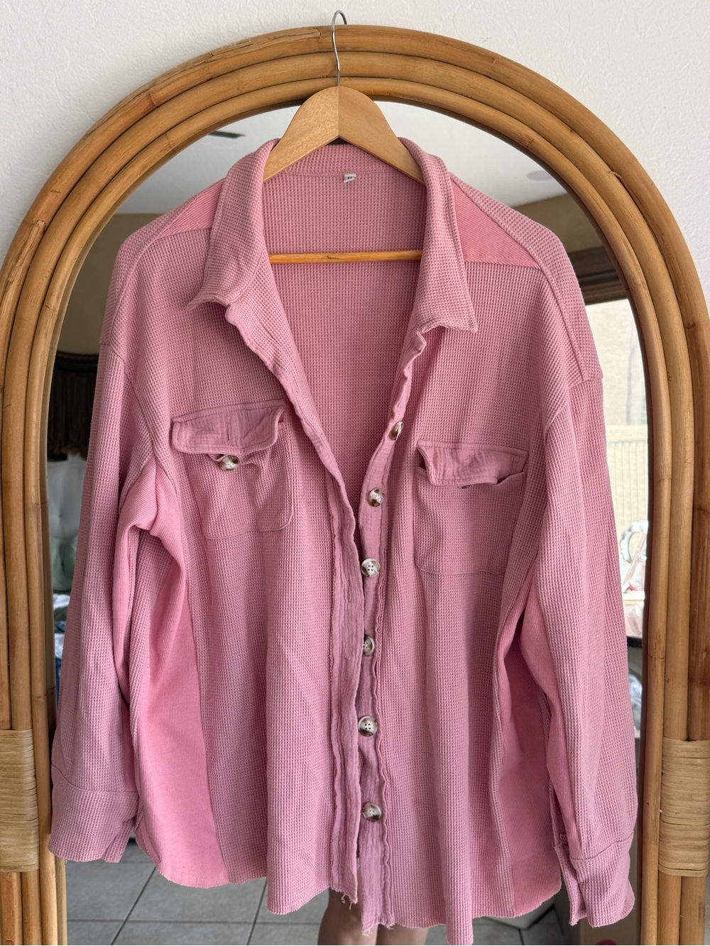 Men's Pink Button-Front Waffle Knit Shirt